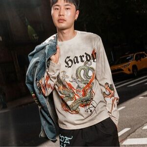 Ed Hardy Dragon Rhinestone Ivory Long Sleeve T-Shirt